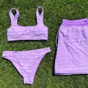 Penny Pincher Bikini/Purple Terry Short matching set (swim trunks and bikini)
